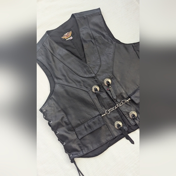 Vintage Harley Davidson Leather Fringed Concho Chain Vest Motorcycle Biker Sz XL - Picture 13 of 15
